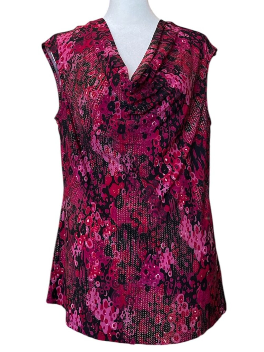 Pink & Black Abstract Pattern Cowl Neckline Sleeveless Shell Blouse Tank Top